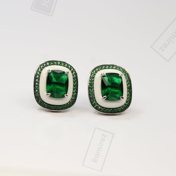 925 Sterling Silver Emerald-Tone CZ Stud Earrings • Elegant Green Sparkle Design - Picture 3 of 7